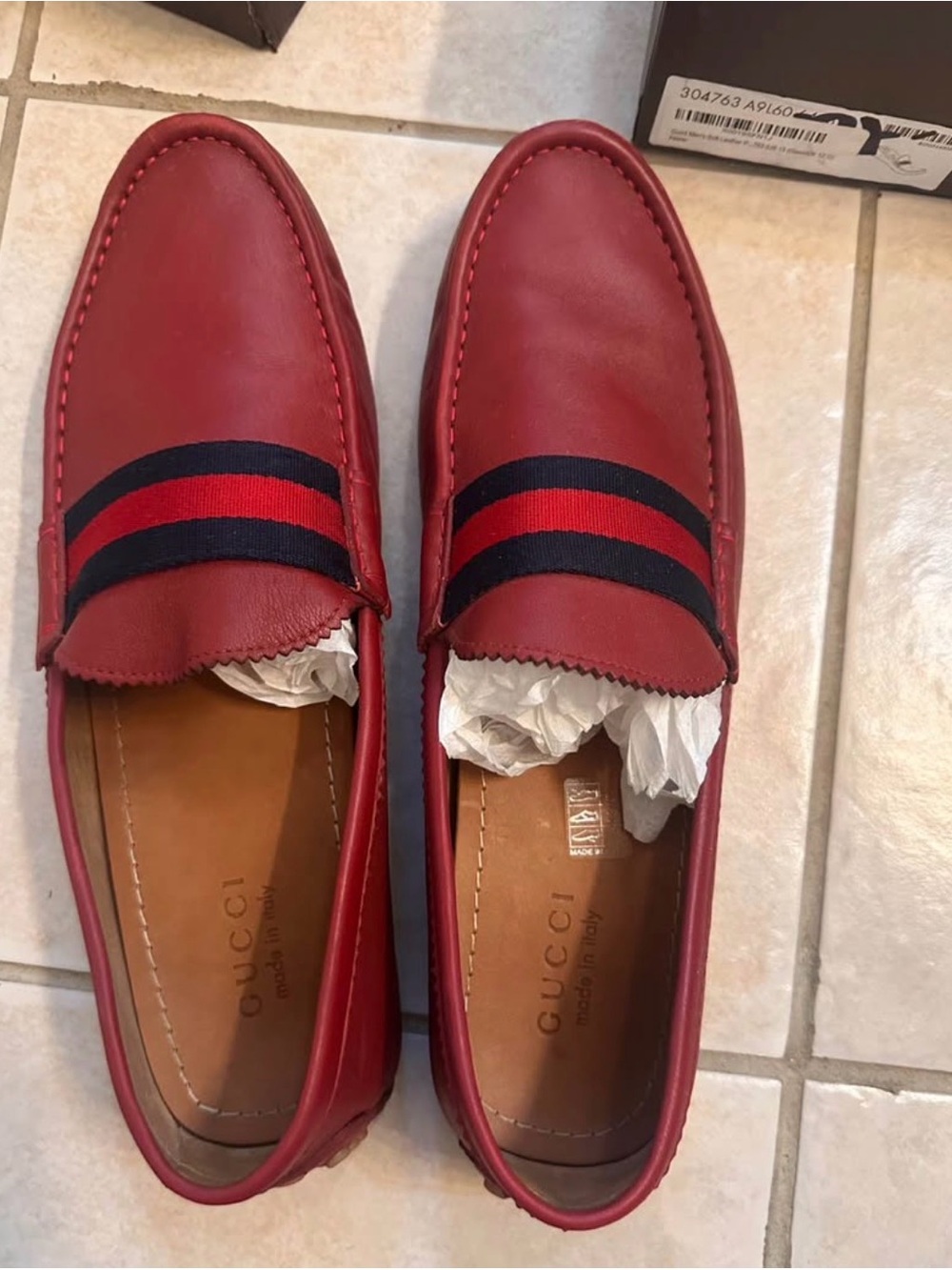 Gucci Men’s Red Leather Loafers with Navy & Red Web